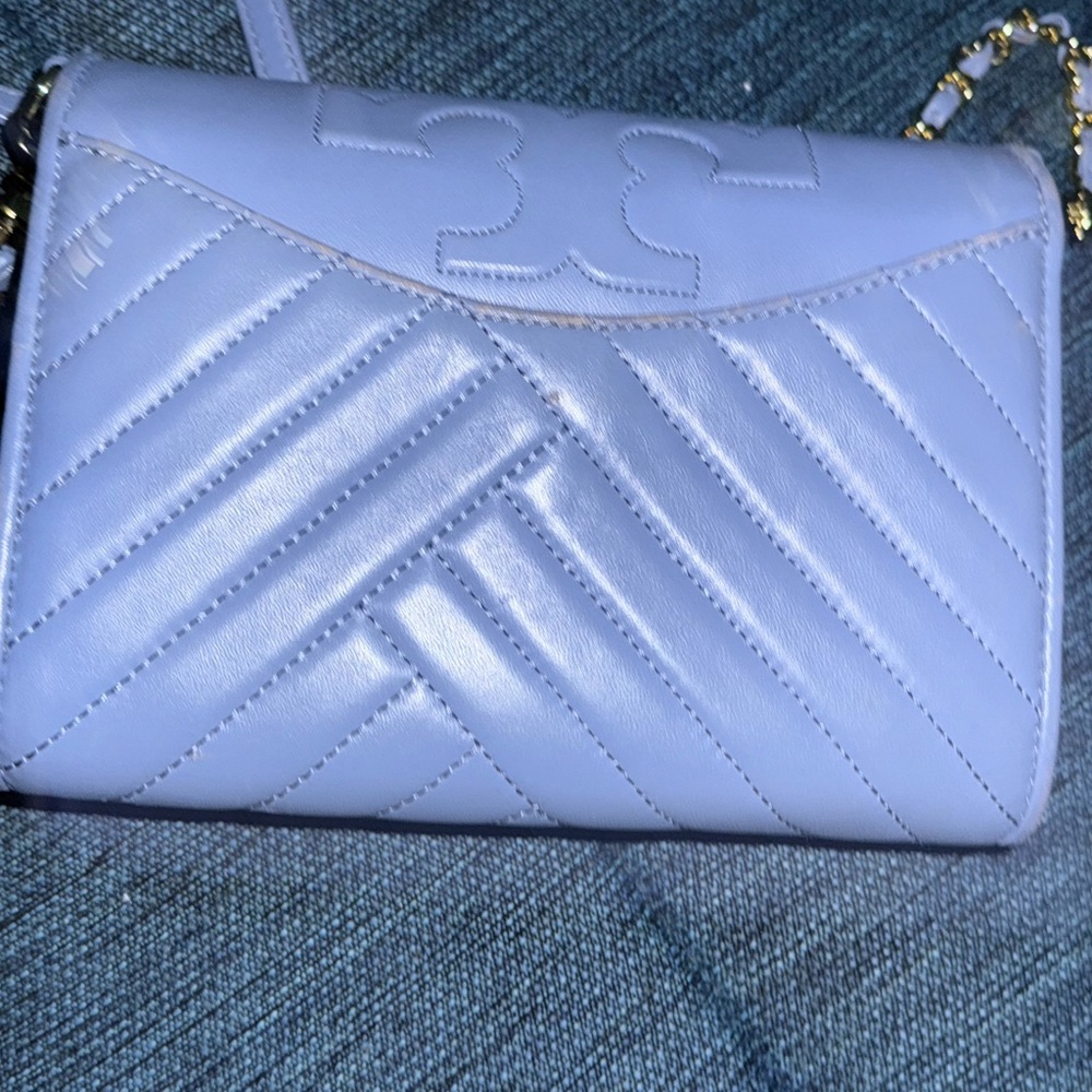 Tory Burch Blue Quilted Crossbody Bag with Chevron Pattern